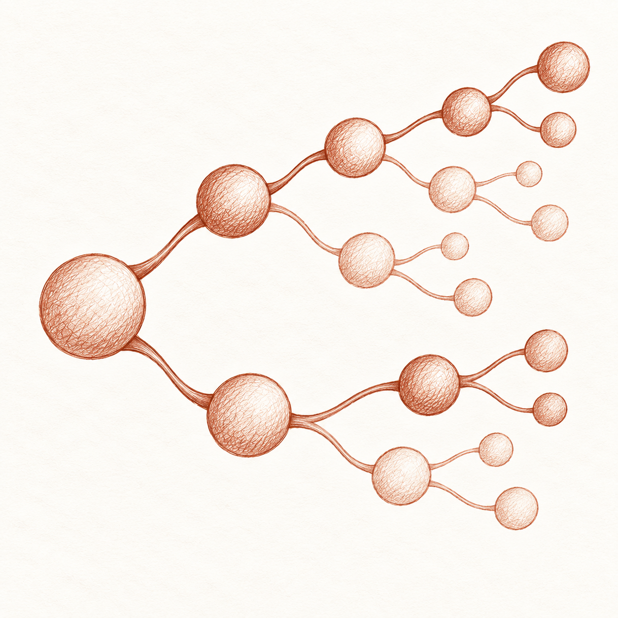 Red-chalk sketch of a branching exploration tree, with one path emphasized through successive experiments.
