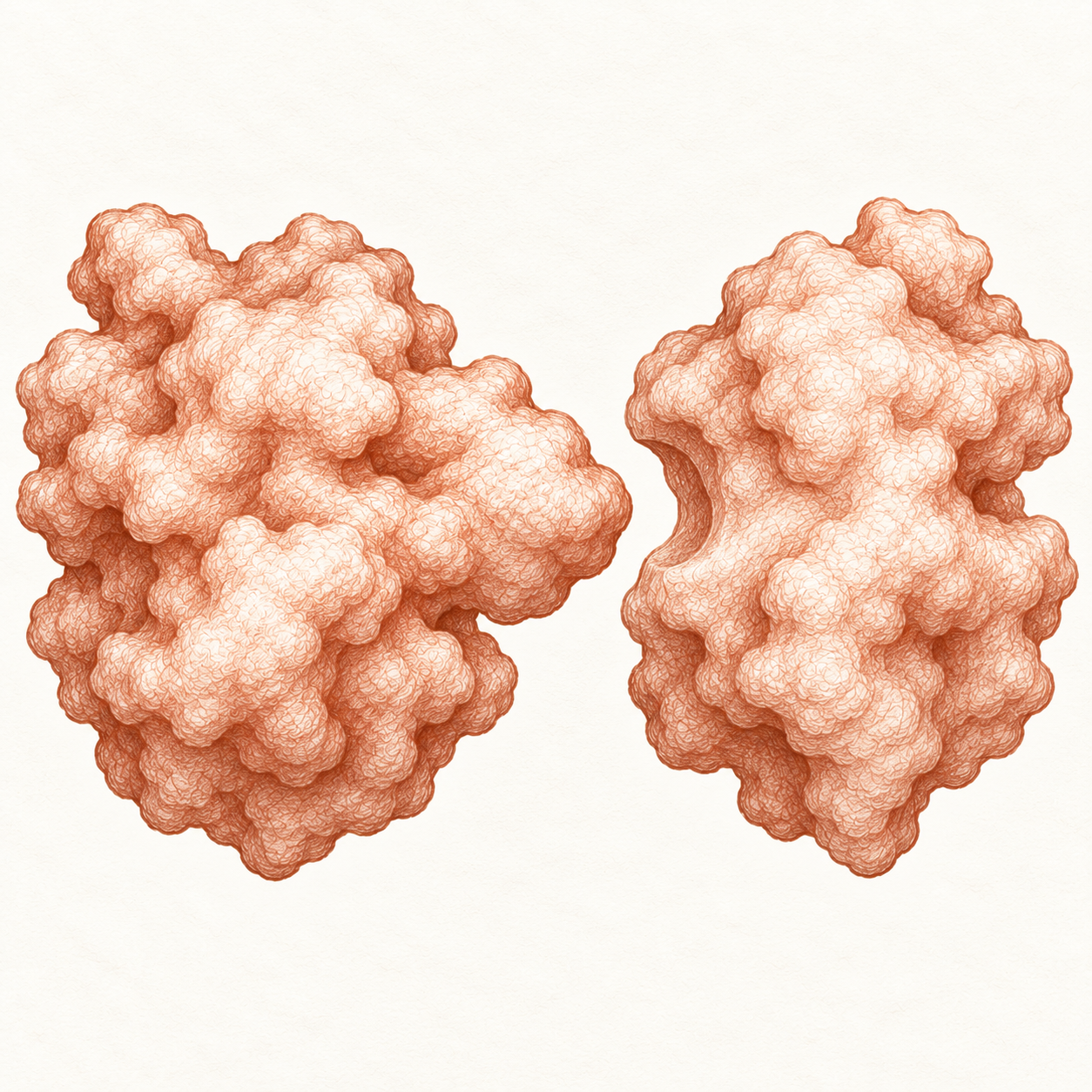 Red-chalk illustration of a mutant protein with an altered interface that prevents binding to its partner.