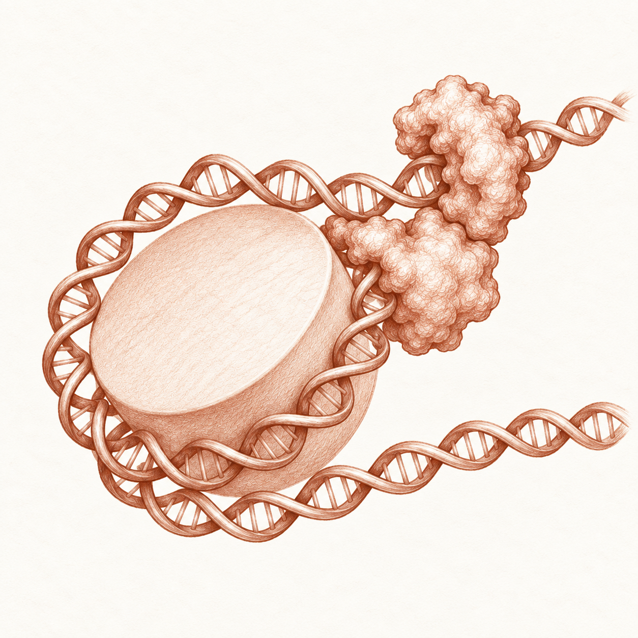 Red-chalk illustration of DNA wrapped around a nucleosome, with two interacting transcription factors.